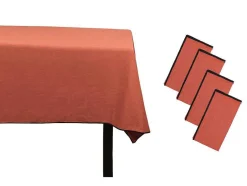 Set Van Tafellaken + 4 Servetten Van Linnen En Katoen - Zwarte Rand - Terracotta - 170 X 300 Cm - Borina