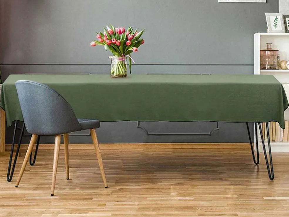 Set Van Tafellaken + 4 Servetten Van Linnen En Katoen - Zwarte Rand - Kaki - 170 X 300 Cm - Borina