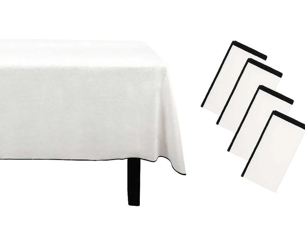 Set Van Tafellaken + 4 Servetten Van Linnen En Katoen - Zwarte Rand - Wit - 170 X 300 Cm - Borina