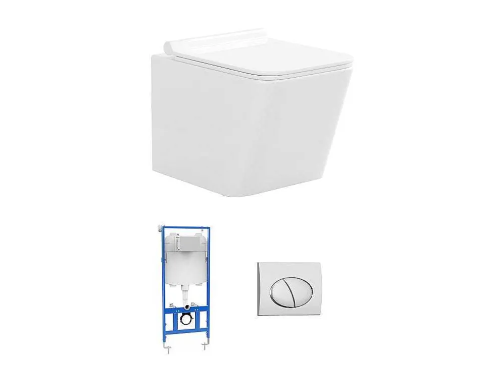 Set Voor Witte Hang-Wc Met Voorwandsysteem En Chroomkleurige Ovalen Bedieningsplaat - Clemona