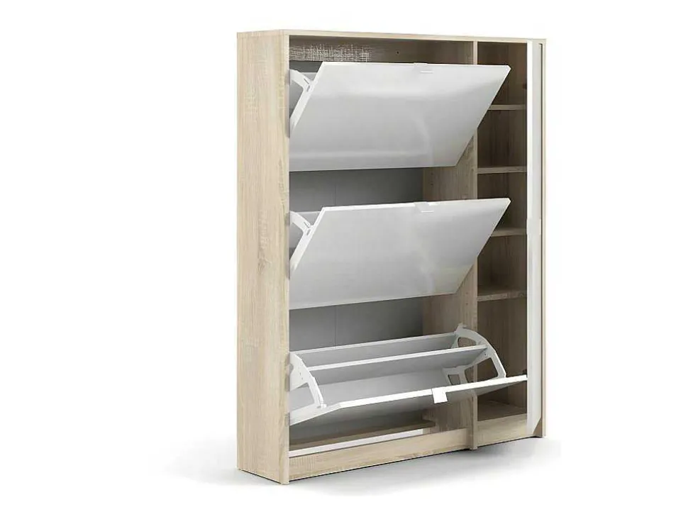 Shane Schoenenkast 3 Klapdeuren 2R, 1 Deur Eikenstructuur Decor, Wit Hoogglans.