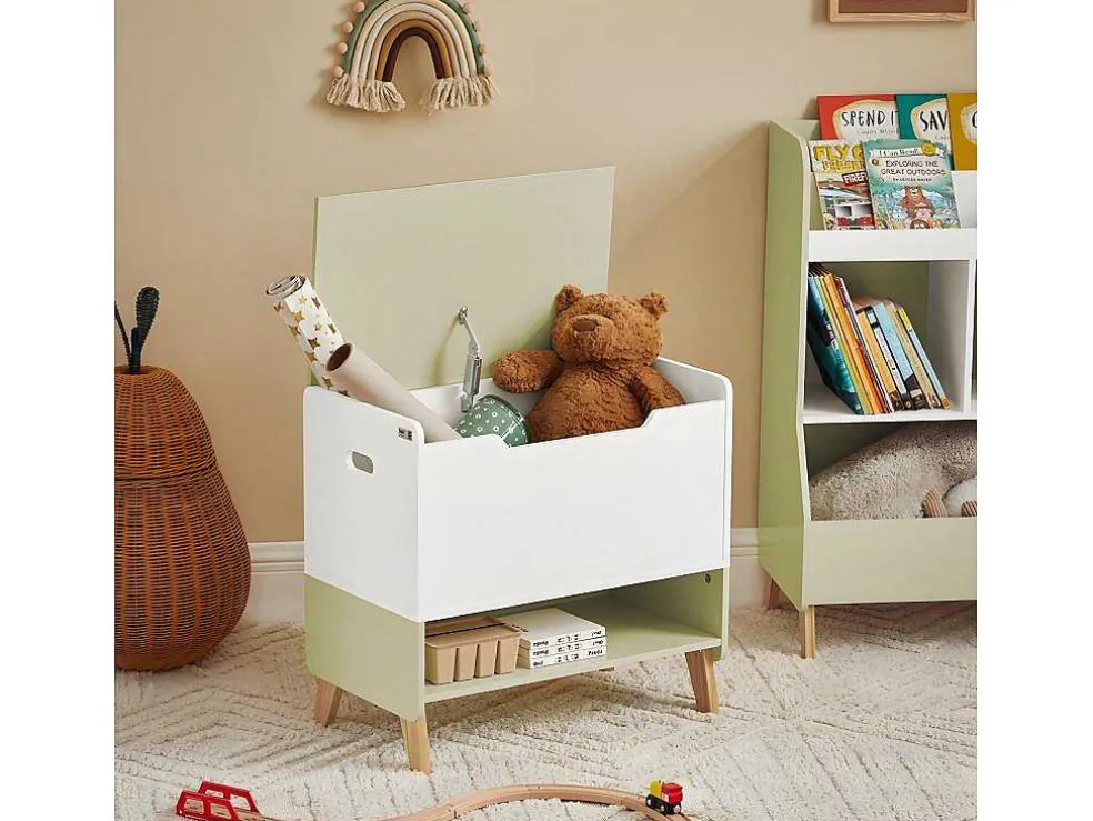 Sobuy Houten Kinderspeelgoedkist, Speelgoedkist Met Klapdeksel, Speelgoedorganizer Voor Kinderkamer Met 1 Open Vak 60 X 34 X 57 Cm, Kmb91-Gr