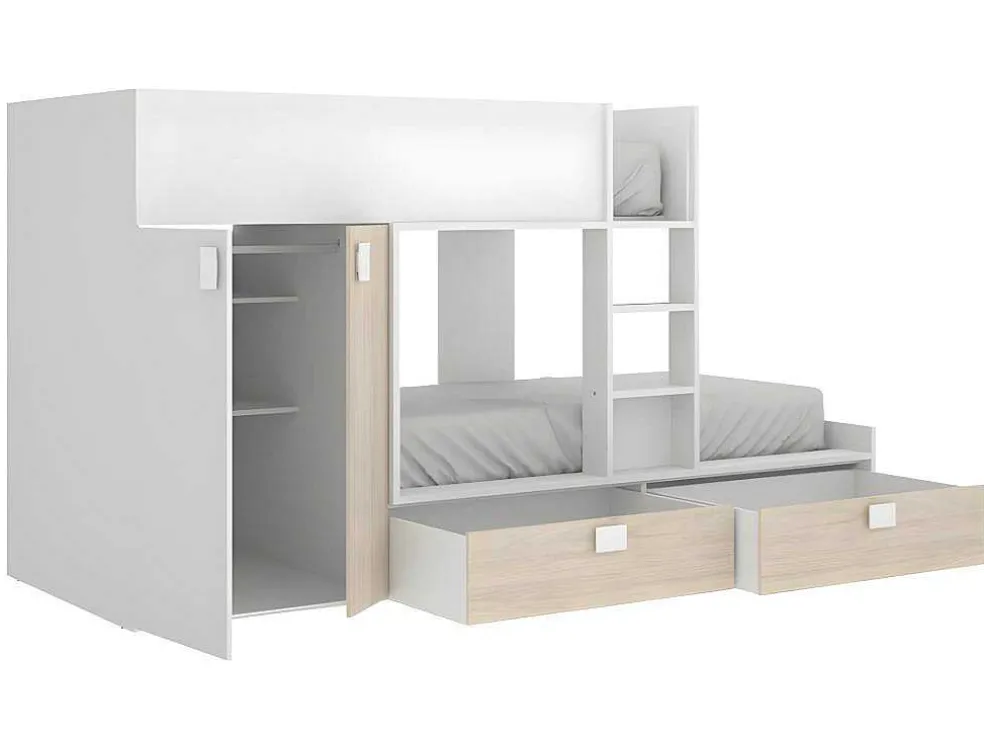 Stapelbed - Ingebouwde Kast - 2X90X190Cm - Wit En Eiken + Matras - Juanito
