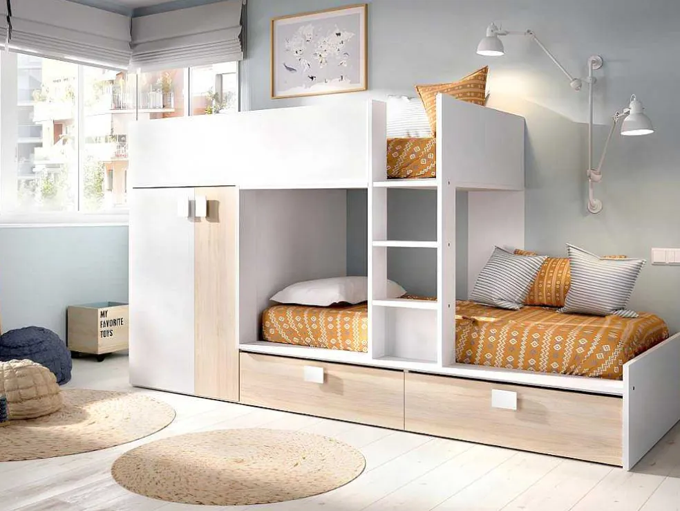 Stapelbed - Ingebouwde Kast - 2X90X190Cm - Wit En Eiken + Matras - Juanito