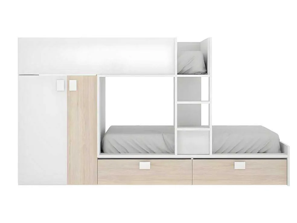 Stapelbed Juanito - Ingebouwde Kast - 2X90X190Cm - Wit En Eiken