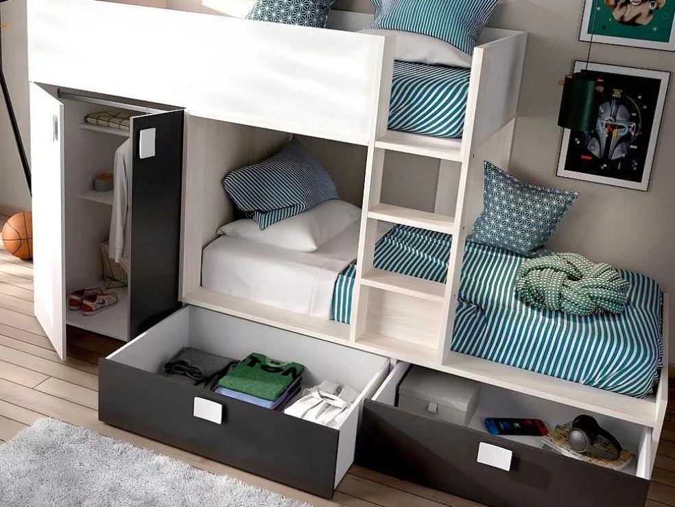 Stapelbed Juanito Met Ingebouwde Kast - 2 X 90 X 190 Cm - Wit, Eiken En Antraciet