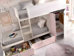 Stapelbed Juanito Met Ingebouwde Kast En Opbergruimte - 2X90X190Cm - Wit, Eiken En Roze