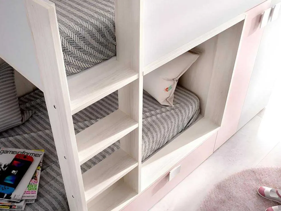 Stapelbed Juanito Met Ingebouwde Kast En Opbergruimte - 2X90X190Cm - Wit, Eiken En Roze