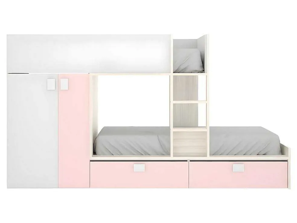 Stapelbed Juanito Met Ingebouwde Kast En Opbergruimte - 2X90X190Cm - Wit, Eiken En Roze