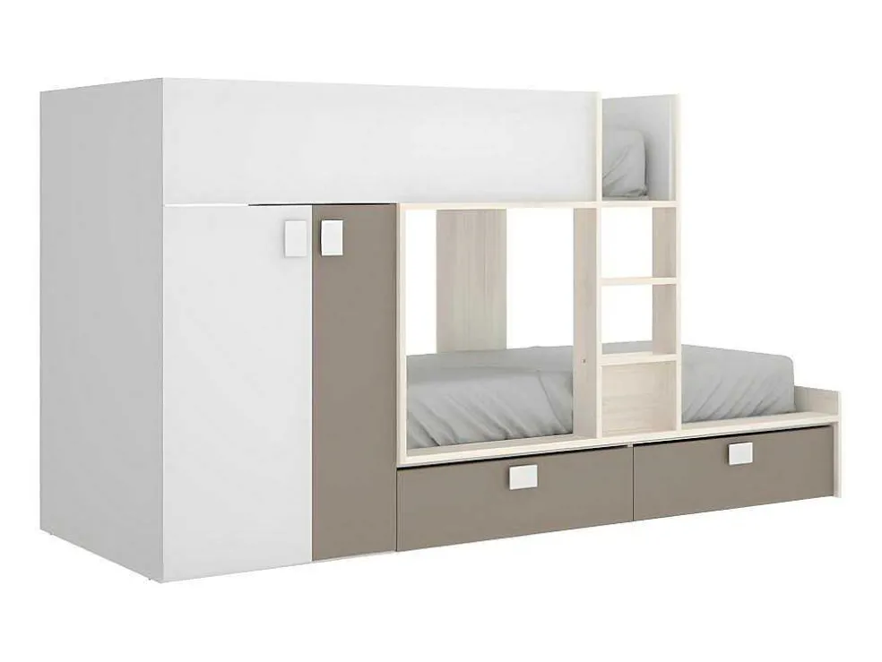 Stapelbed Juanito Met Ingebouwde Kast En Opbergruimte - 2X90X190Cm - Wit, Eiken En Taupe