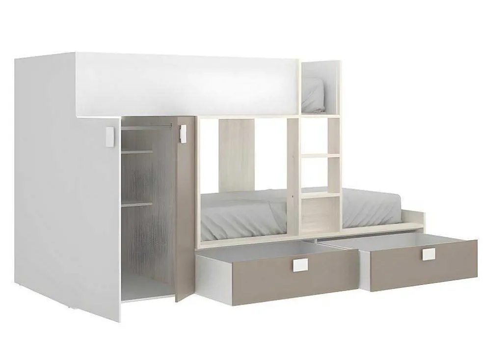 Stapelbed Juanito Met Ingebouwde Kast En Opbergruimte - 2X90X190Cm - Wit, Eiken En Taupe