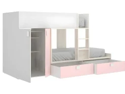 Stapelbed Met Ingebouwde Kast En Opbergruimte 2X90X190Cm - Wit, Eiken En Roze + Matras -Juanito