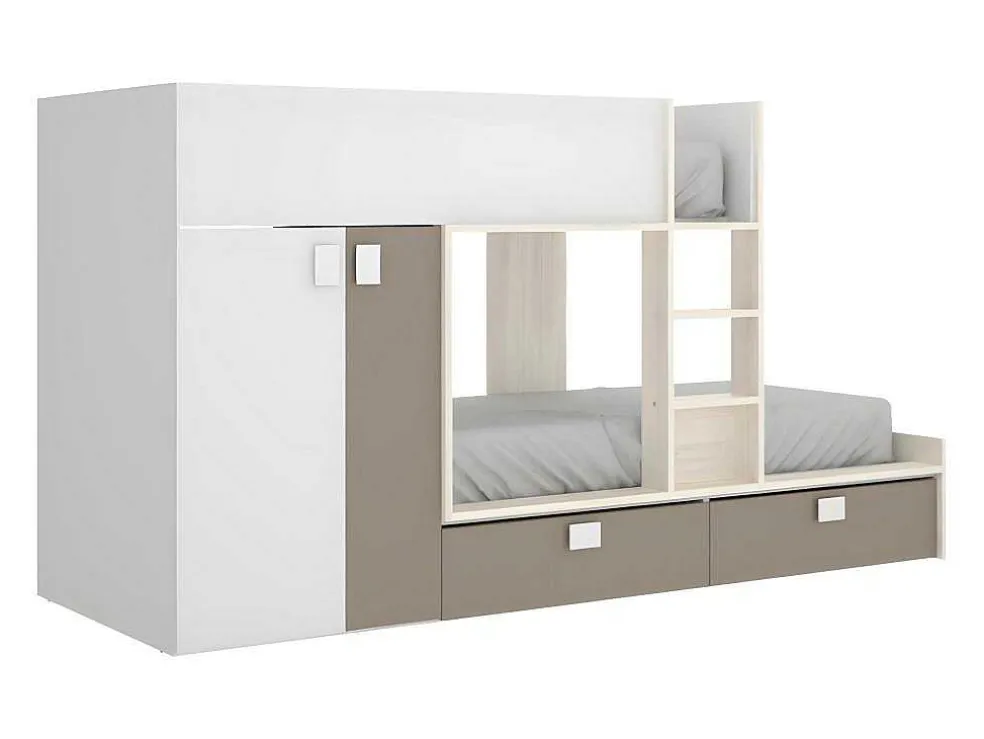 Stapelbed Met Ingebouwde Kast En Opbergruimte 2X90X190Cm - Wit, Eiken En Taupe + Matras - Juanito