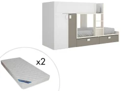 Stapelbed Met Ingebouwde Kast En Opbergruimte 2X90X190Cm - Wit, Eiken En Taupe + Matras - Juanito