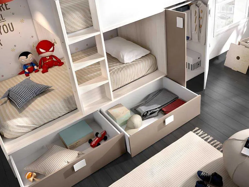 Stapelbed Met Ingebouwde Kast En Opbergruimte 2X90X190Cm - Wit, Eiken En Taupe + Matras - Juanito