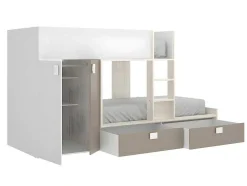 Stapelbed Met Ingebouwde Kast En Opbergruimte 2X90X190Cm - Wit, Eiken En Taupe + Matras - Juanito