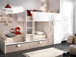 Stapelbed Met Ingebouwde Kast En Opbergruimte 2X90X190Cm - Wit, Eiken En Taupe + Matras - Juanito