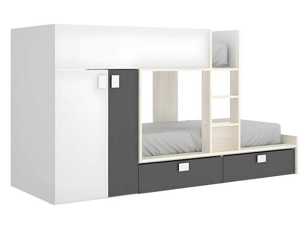 Stapelbed Met Ingebouwde Kast 2 X 90 X 190 Cm - Wit, Eiken En Antraciet + Matras - Juanito