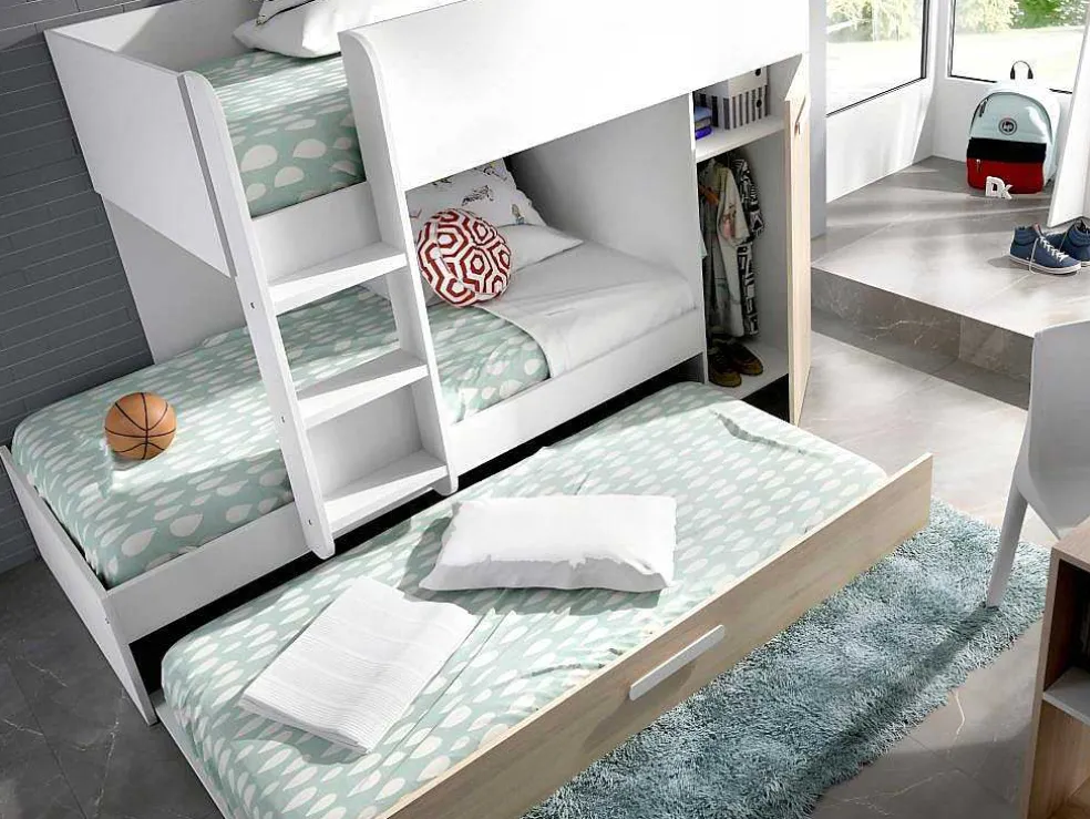Stapelbed Met Onderschuifbed Anthony Met Opbergruimte 3X90X190Cm - Kleuren: Wit En Eik + Matras