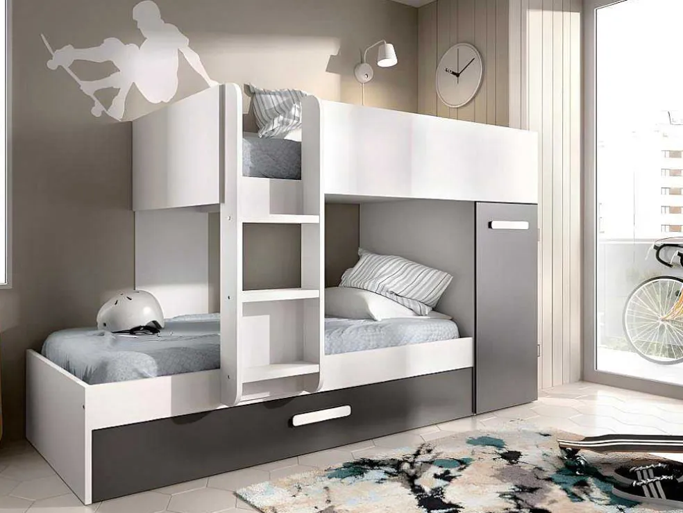 Stapelbed Met Opbergruimtes 3 X 90 X 190 Cm - Antraciet En Wit - Met Matras - Anthony