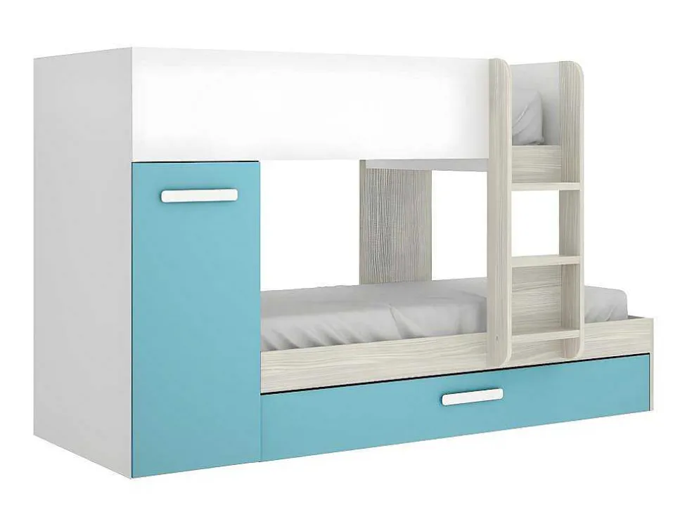 Stapelbed Met Slaaplade En Opbergruimtes 3 X 90 X 190 Cm - Wit, Naturel En Blauw - Met Matras - Anthony