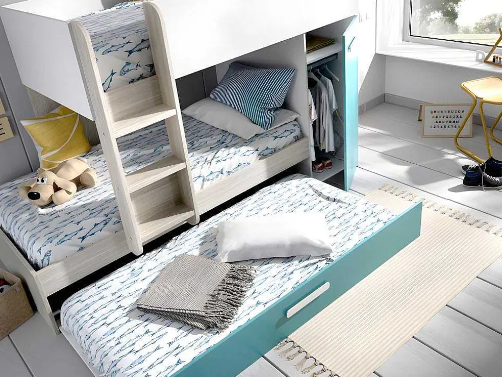 Stapelbed Met Slaaplade En Opbergruimtes 3 X 90 X 190 Cm - Wit, Naturel En Blauw - Met Matras - Anthony