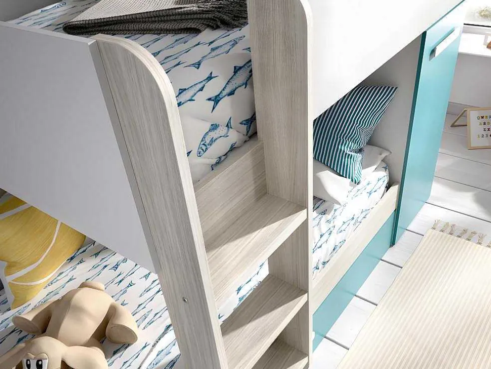 Stapelbed Met Slaaplade En Opbergruimtes 3 X 90 X 190 Cm - Wit, Naturel En Blauw - Met Matras - Anthony