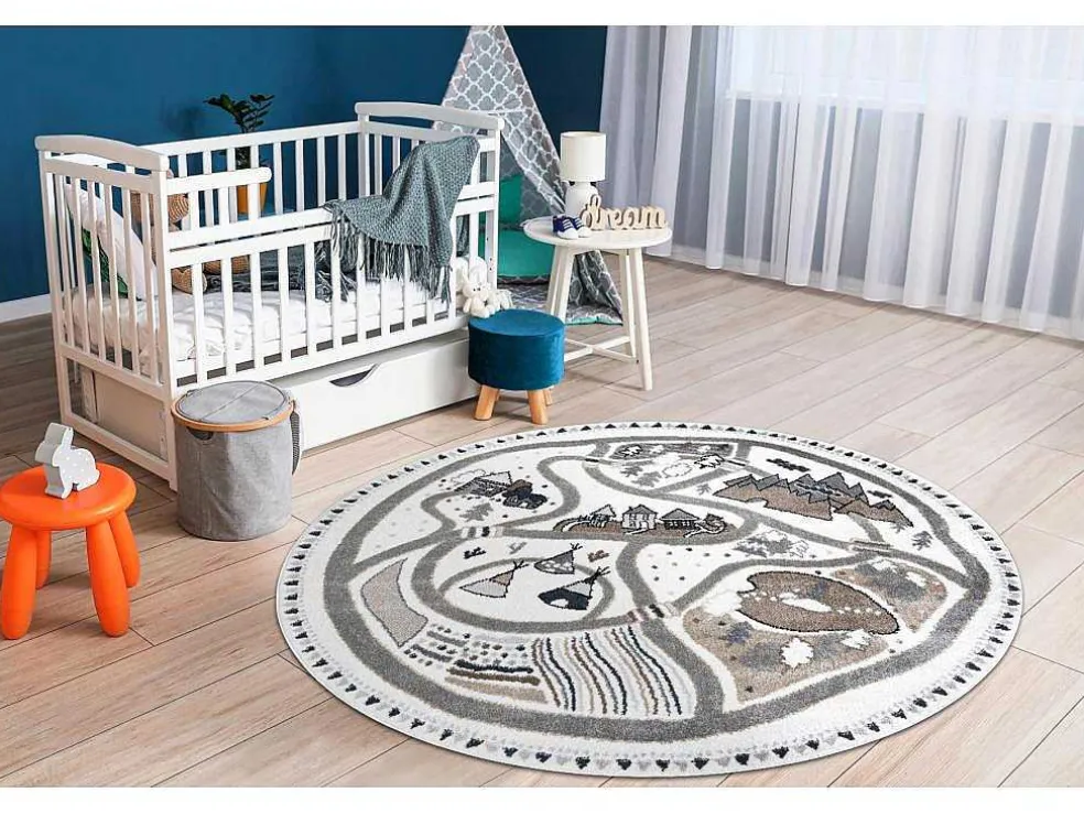 Tapijt Fun Land Voor Kinderen, Dorp, Straten, Wiel - Creme Cercle 200 Cm