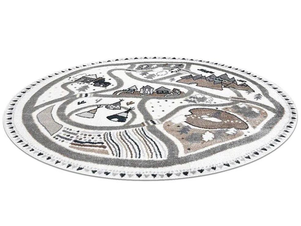 Tapijt Fun Land Voor Kinderen, Dorp, Straten, Wiel - Creme Cercle 140 Cm