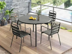 Tuineethoek Van Metaal - Een Tafel D110 Cm En 4 Opstapelbare Fauteuils - Donkergrijs - Mirmande
