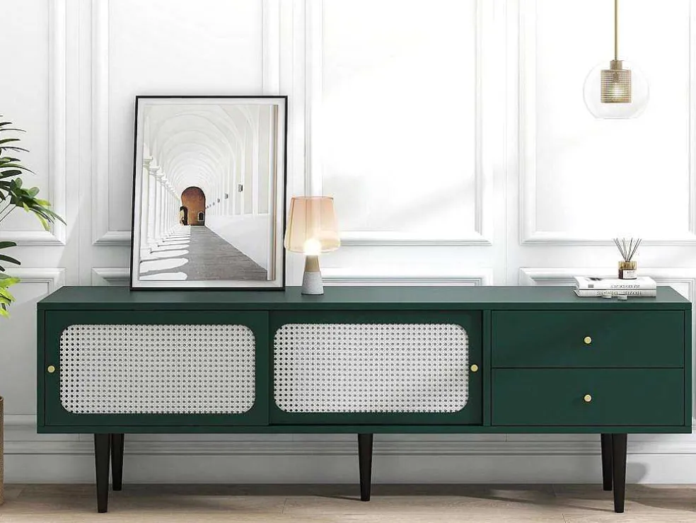 Tv-Meubel 160 Cm - 2 Rotan Schuifdeuren En 2 Lades - Groen