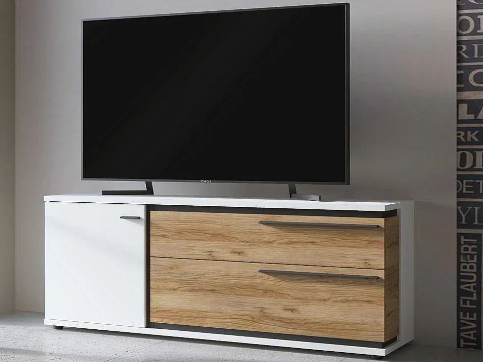 Tv-Meubel Met 1 Deur En 2 Laden - Naturel En Wit - Nisuka