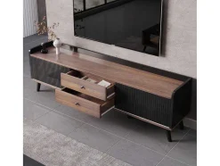 Tv-Meubel Met 2 Lades En 2 Schuifdeuren - Moderne Stijl - Kleuren: Zwart En Naturel