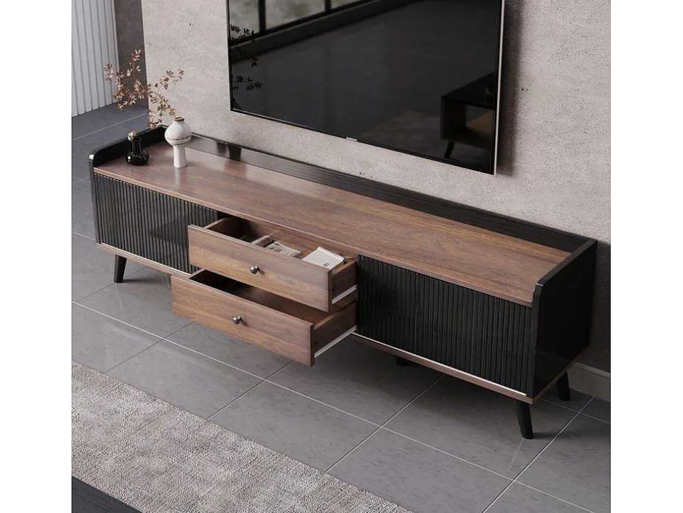 Tv-Meubel Met 2 Lades En 2 Schuifdeuren - Moderne Stijl - Kleuren: Zwart En Naturel