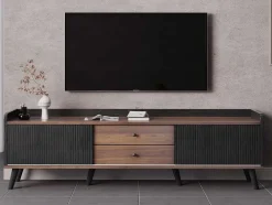 Tv-Meubel Met 2 Lades En 2 Schuifdeuren - Moderne Stijl - Kleuren: Zwart En Naturel