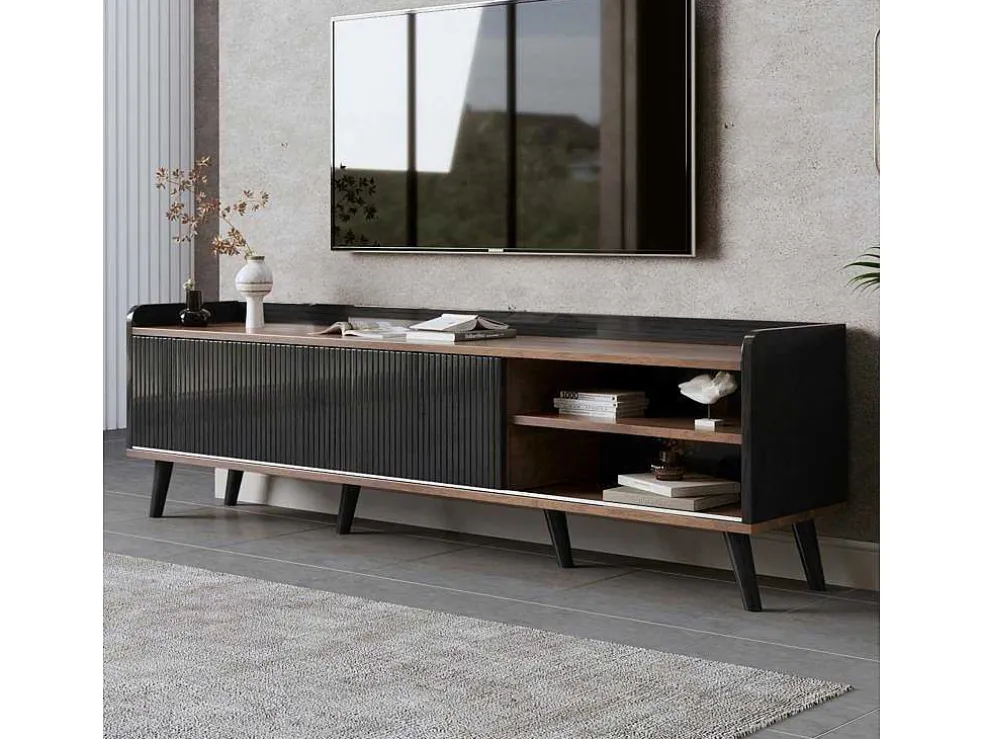 Tv-Meubel Met 2 Lades En 2 Schuifdeuren - Moderne Stijl - Kleuren: Zwart En Naturel