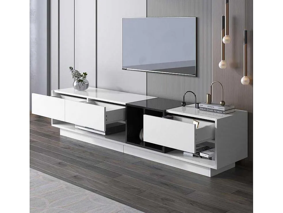 Tv-Meubel Van 190 Cm - 3 Laden En 4 Nissen - Spaanplaat - Kleuren Wit En Zwart