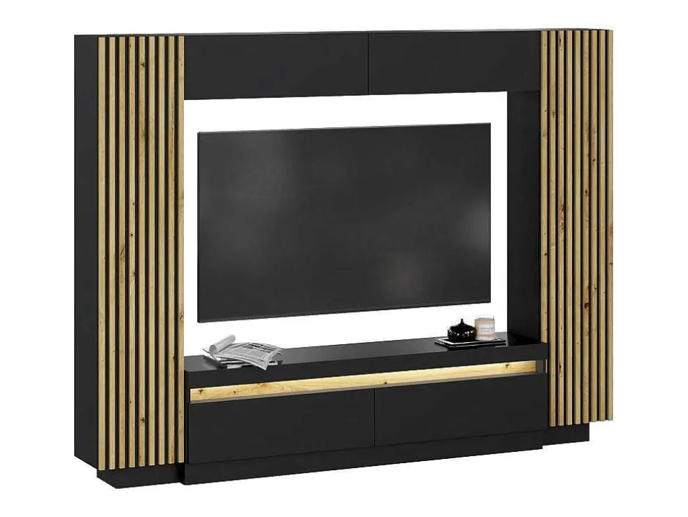 Tv-Wand Met Opbergruimte - Ledverlichting - Zwart En Naturel - Lionea
