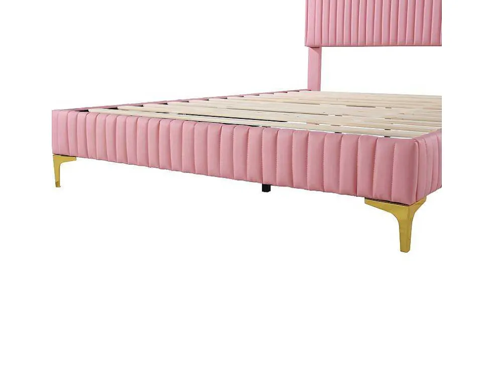Tweepersoonsbed Gestoffeerd In Kunstleer 140X200Cm - In Hoogte Verstelbaar Hoofdbord - Met Lattenbodem - Roze (Zonder Matras)