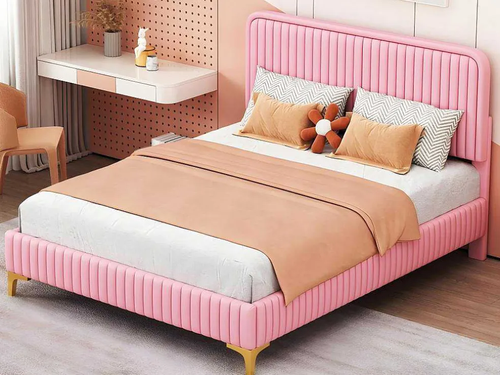 Tweepersoonsbed Gestoffeerd In Kunstleer 140X200Cm - In Hoogte Verstelbaar Hoofdbord - Met Lattenbodem - Roze (Zonder Matras)
