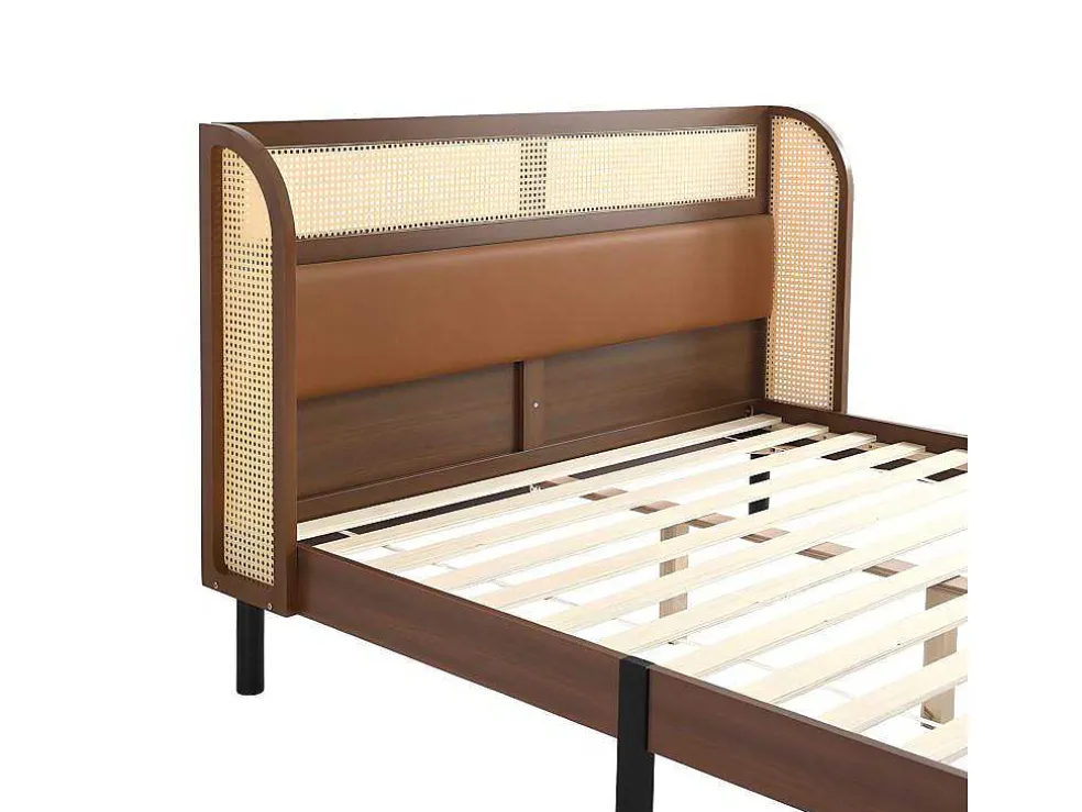 Tweepersoonsbed 160X200Cm - Met Kunstleer En Pvc Rotan Kussens - Met Houten Lattenbodem - Bruin