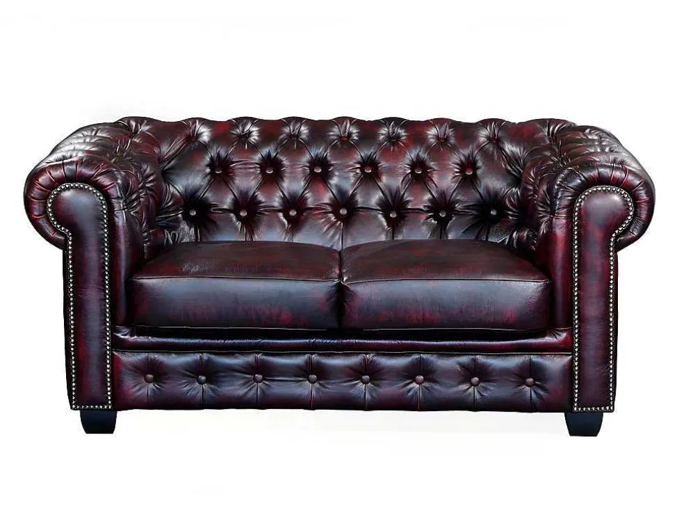 Tweezitsbank Chesterfield Brenton 100% Buffelleer - Cherry