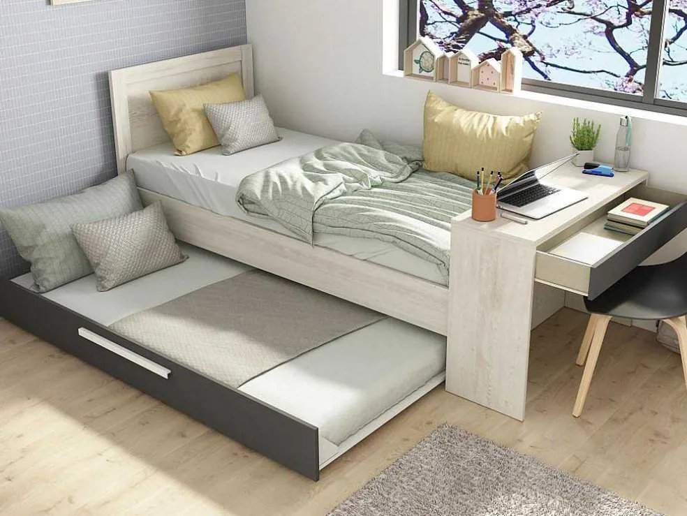 Uitschuifbaar Bed 90 X 200 En 90 X 190 Cm - Met Bureau - Kleur: Naturel En Antraciet + Matras + Bedbodem - Vouani