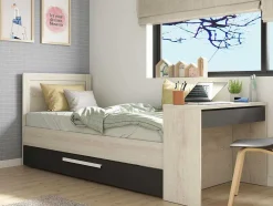 Uitschuifbaar Bed 2 X 90 X 200 Cm - Met Bureau - Kleur: Naturel En Antraciet + Bedbodem - Vouani