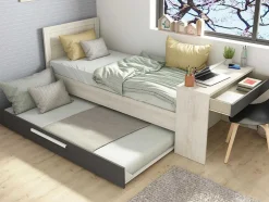 Uitschuifbaar Bed 2 X 90 X 200 Cm - Met Bureau - Kleur: Naturel En Antraciet + Bedbodem - Vouani