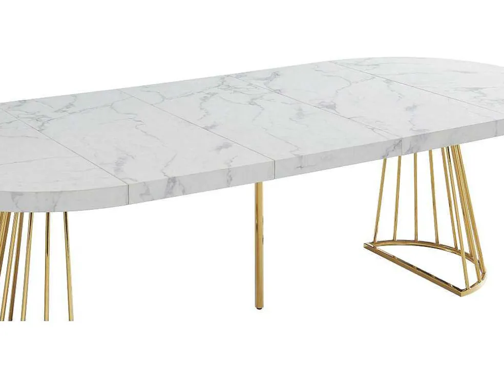 Uitschuifbare Eettafel 2 Tot 12 Plaatsen Van Mdf En Staal - Wit Marmereffect En Goud - Firela