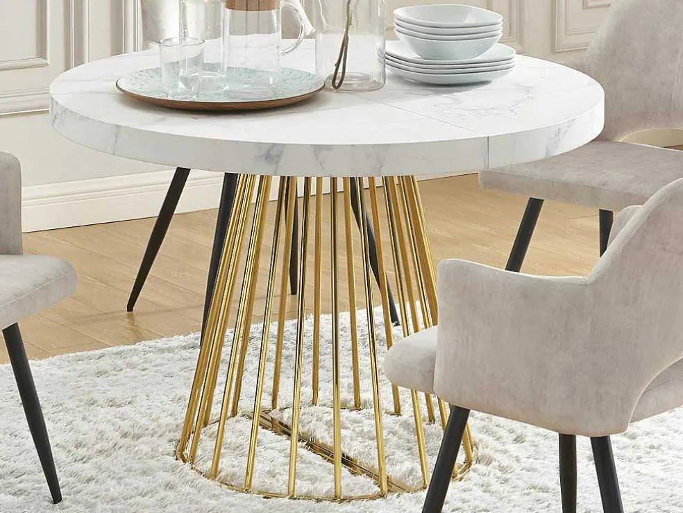 Uitschuifbare Eettafel 2 Tot 12 Plaatsen Van Mdf En Staal - Wit Marmereffect En Goud - Firela