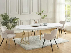 Uitschuifbare Eettafel 2 Tot 12 Plaatsen Van Mdf En Staal - Wit Marmereffect En Goud - Firela