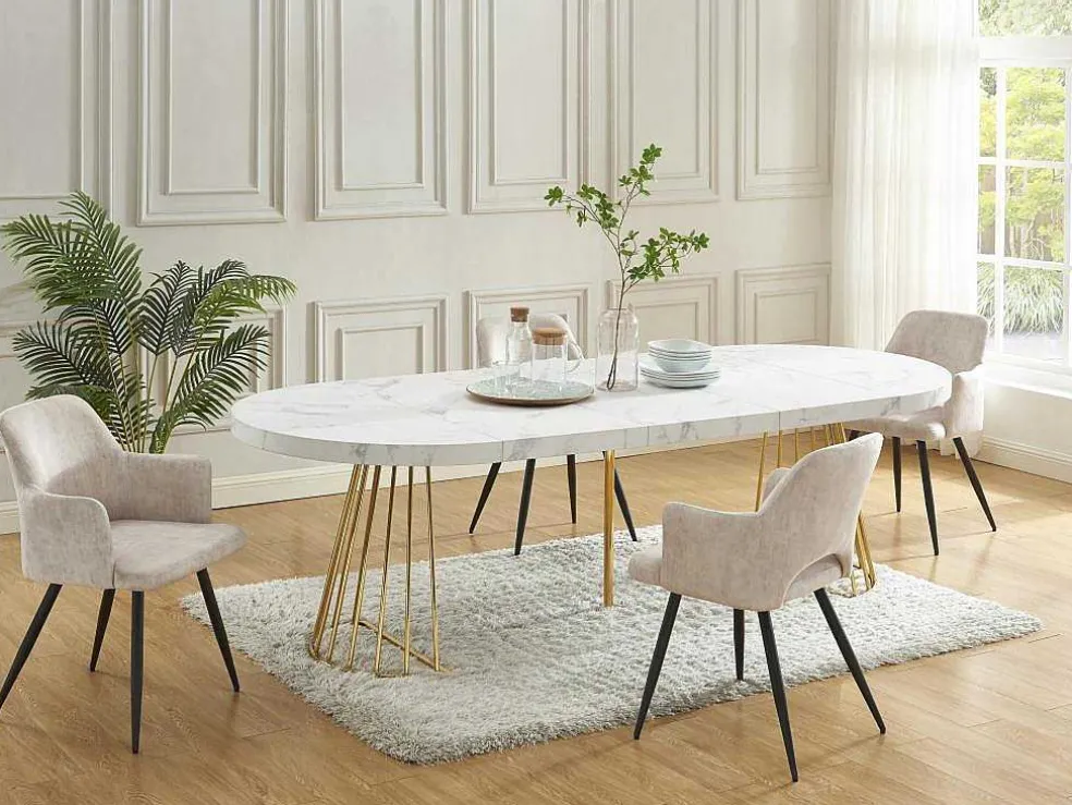 Uitschuifbare Eettafel 2 Tot 12 Plaatsen Van Mdf En Staal - Wit Marmereffect En Goud - Firela