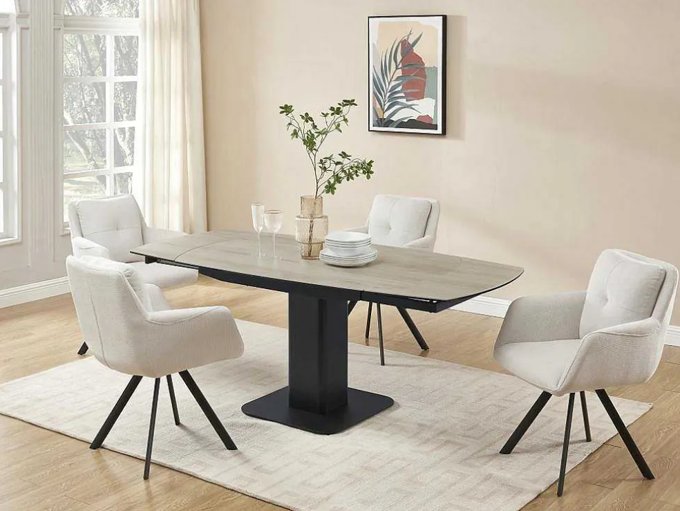 Uitschuifbare Eettafel Voor 4 Tot 8 Personen In Keramiek, Gehard Glas, Metaal En Mdf - Lichte Houtlook En Zwart - Taloza